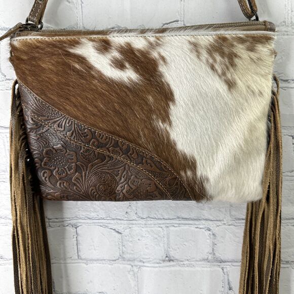 Myra Bag Leather ,Floral Canvas & Cowhide Whipstitch Fringe Crossbody W/ Wallet‎ - Picture 2 of 14